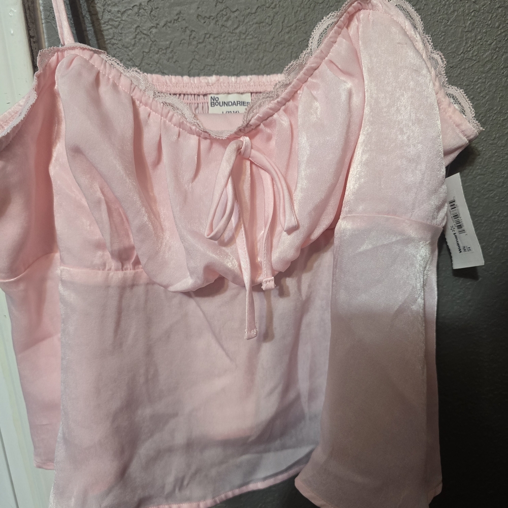 No Boundaries Light Pink Sheer Ruffle Cami with Tie